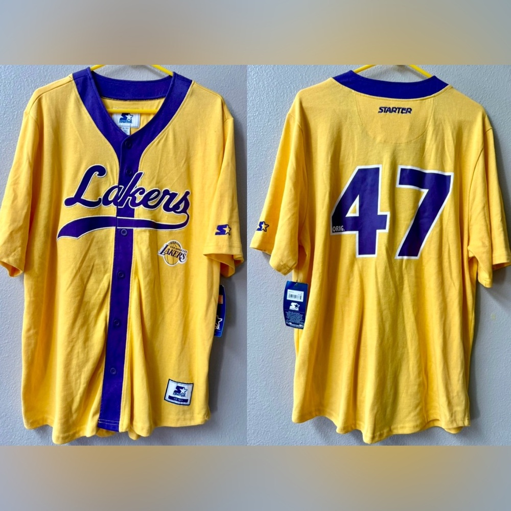 Starter NBA Los Angeles Lakers Purple/Gold Button Up Baseball Jersey Men’s L~NWT